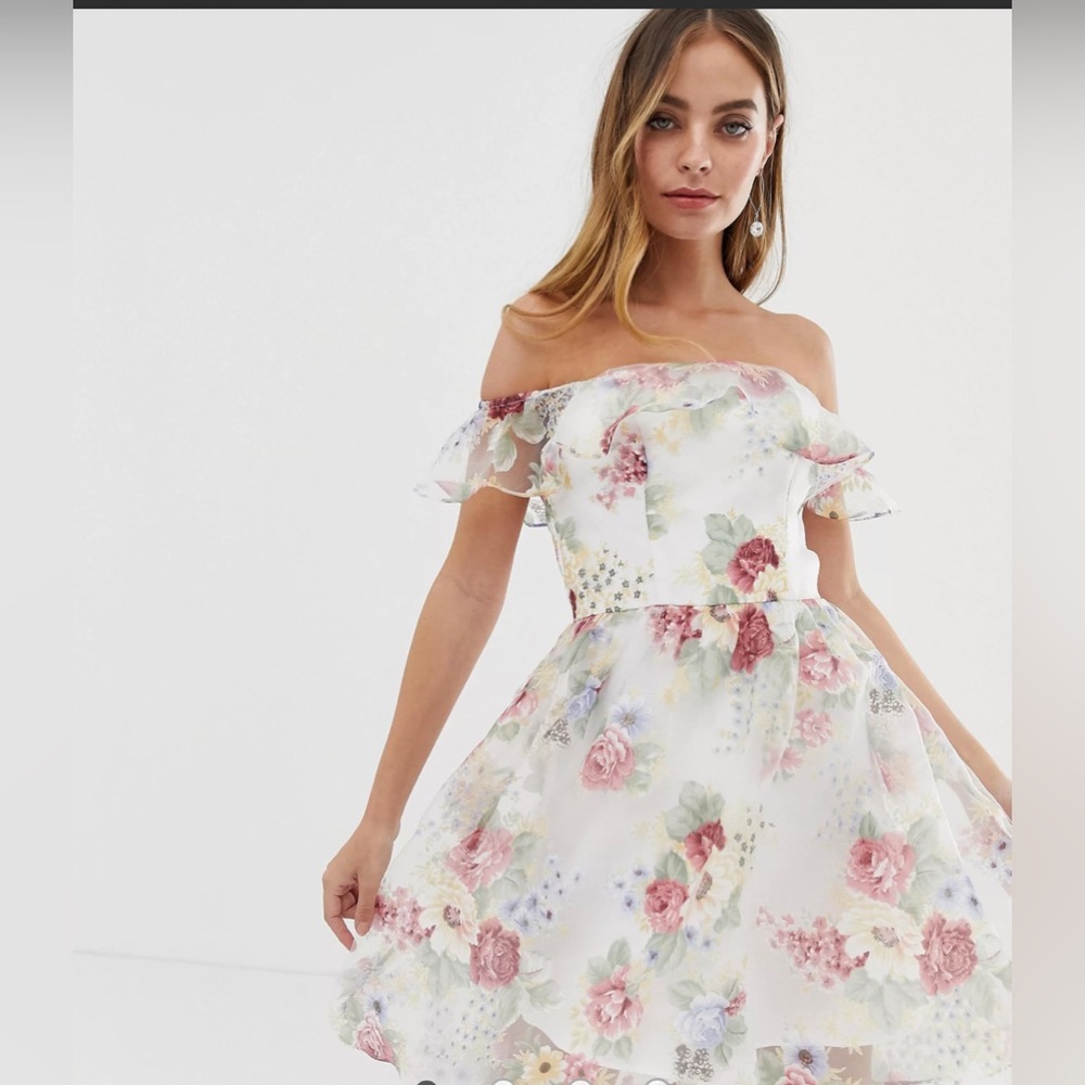 Chi Chi London Petite bardot overlay floral dress with frill in cream